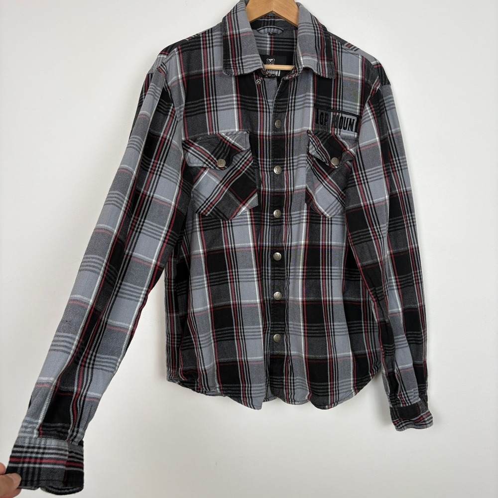 Top Mount Mens Full Zip Snap Grappler Flannel Shirt Size L Black Red Plaid Biker - Picture 3 of 16